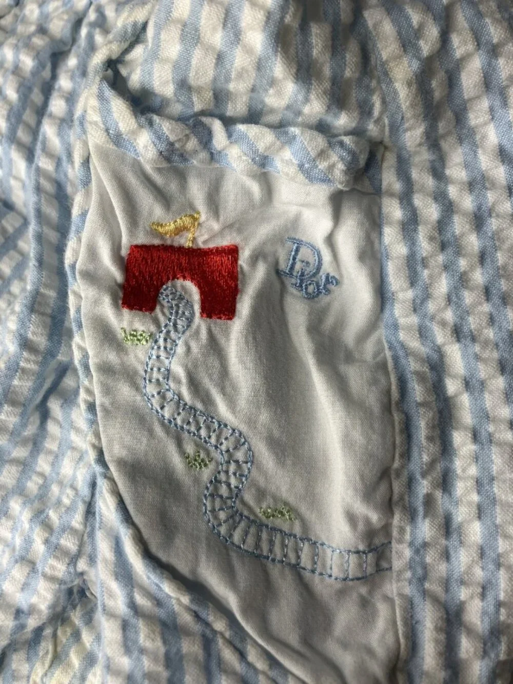 Vintage Baby Dior Seersucker Romper One Piece Blue White Stripes Train READ